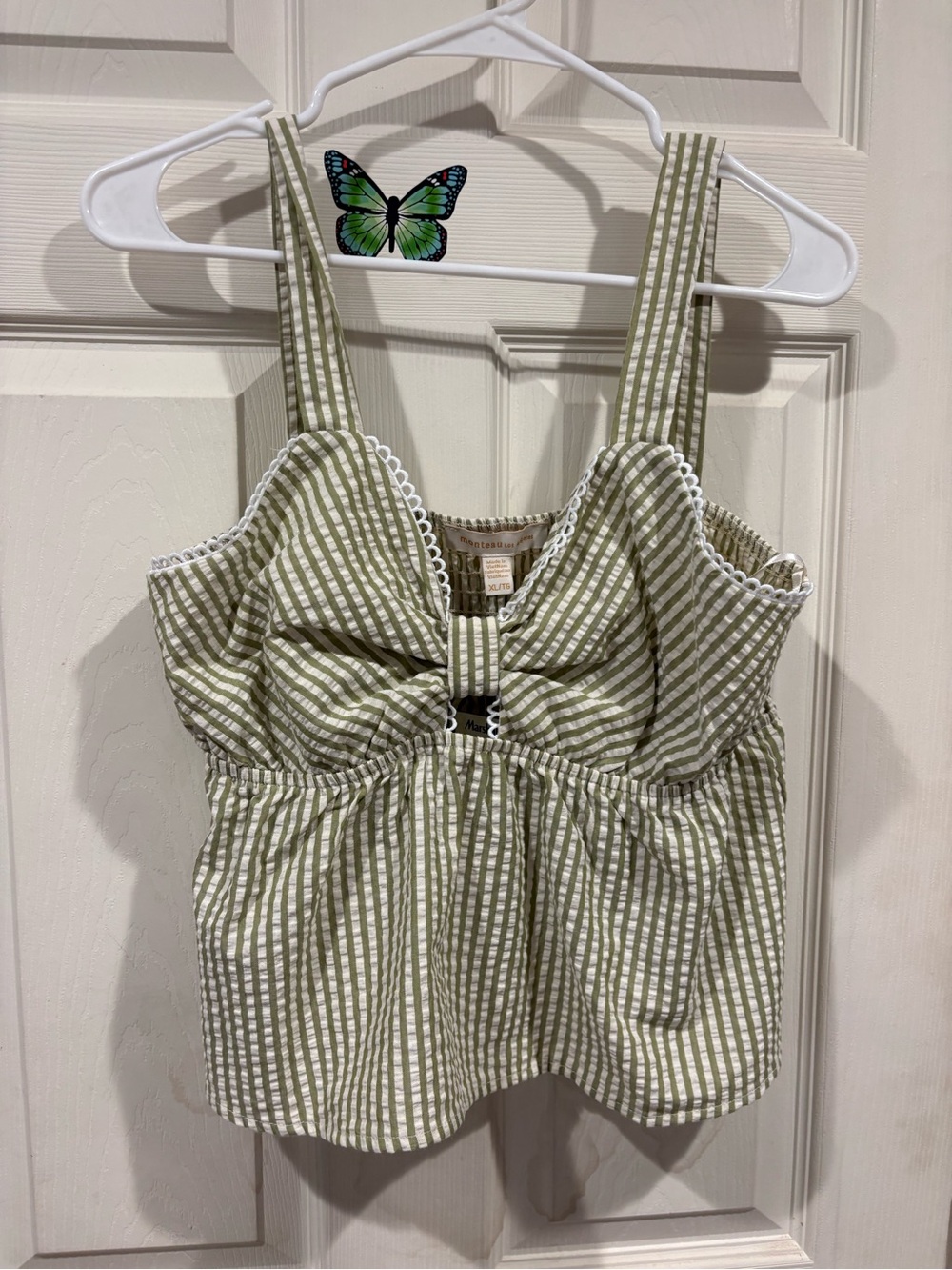 Monteau Olive and White Striped Tie-Front Cami